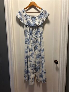 White and Blue Off-Shoulder Floral Jumpsuit